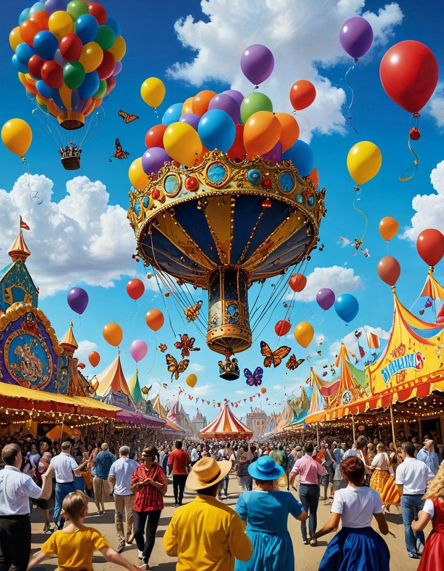 A whimsical scene depicting a vibrant carnival filled with quirky characters enjoying unusual activities, such as dancing with oversized flowers, juggling colorful objects, and riding peculiar animals. The background features a bright, surreal sky with floating balloons and oversized fruits, creating a joyful atmosphere. Splashes of various colors enhance the sense of happiness and peculiarity. The overall mood is playful and inviting. super-realistic. vibrant colors. whimsical style.
