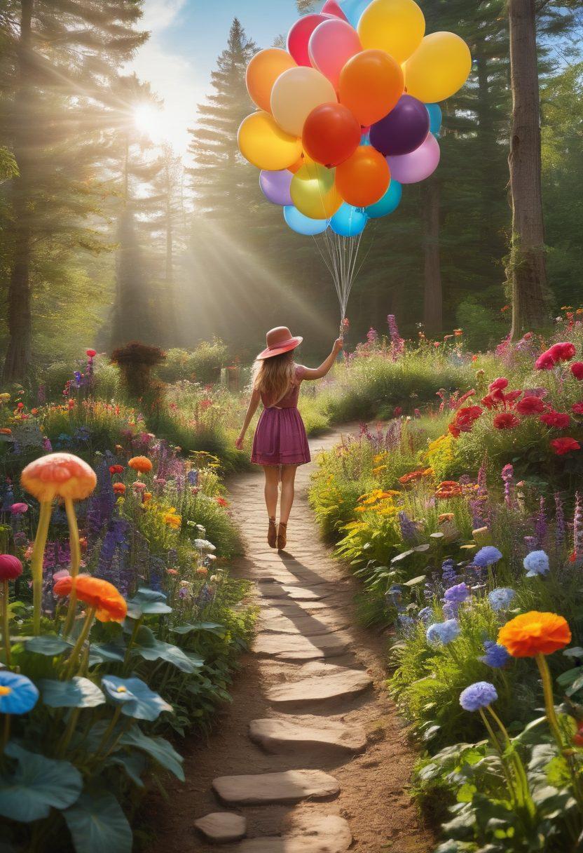 A whimsical garden filled with quirky, colorful flowers and oversized mushrooms, where a diverse group of people is laughing and sharing joyful moments. In the background, a bright sun casts cheerful rays, illuminating a path leading to a vibrant sky filled with balloons. This scene embodies the essence of positivity and delight in unusual situations. surrealistic art. vibrant colors. playful atmosphere.